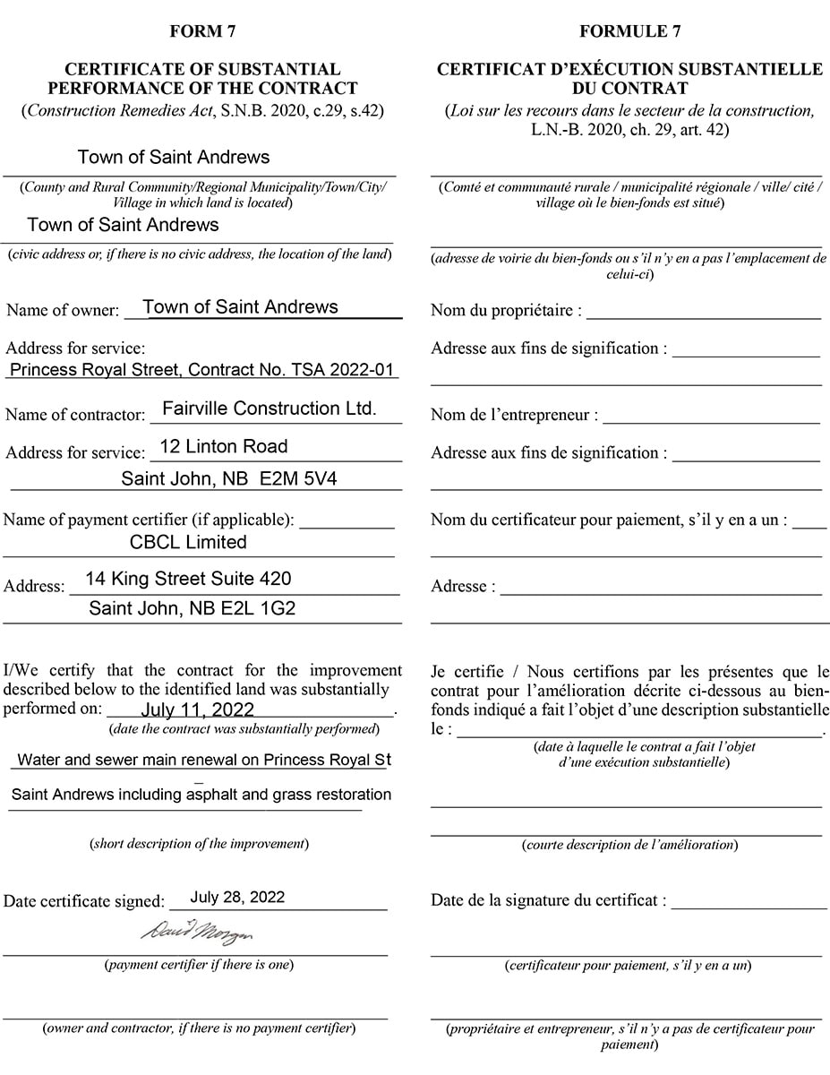 Certificate Of Substantial Performance - Princess Royal Street - Town Of Saint Andrews