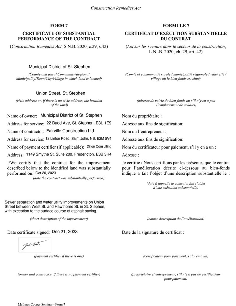 Certificate of Substantial Performance - Municipality Of St. Stephen