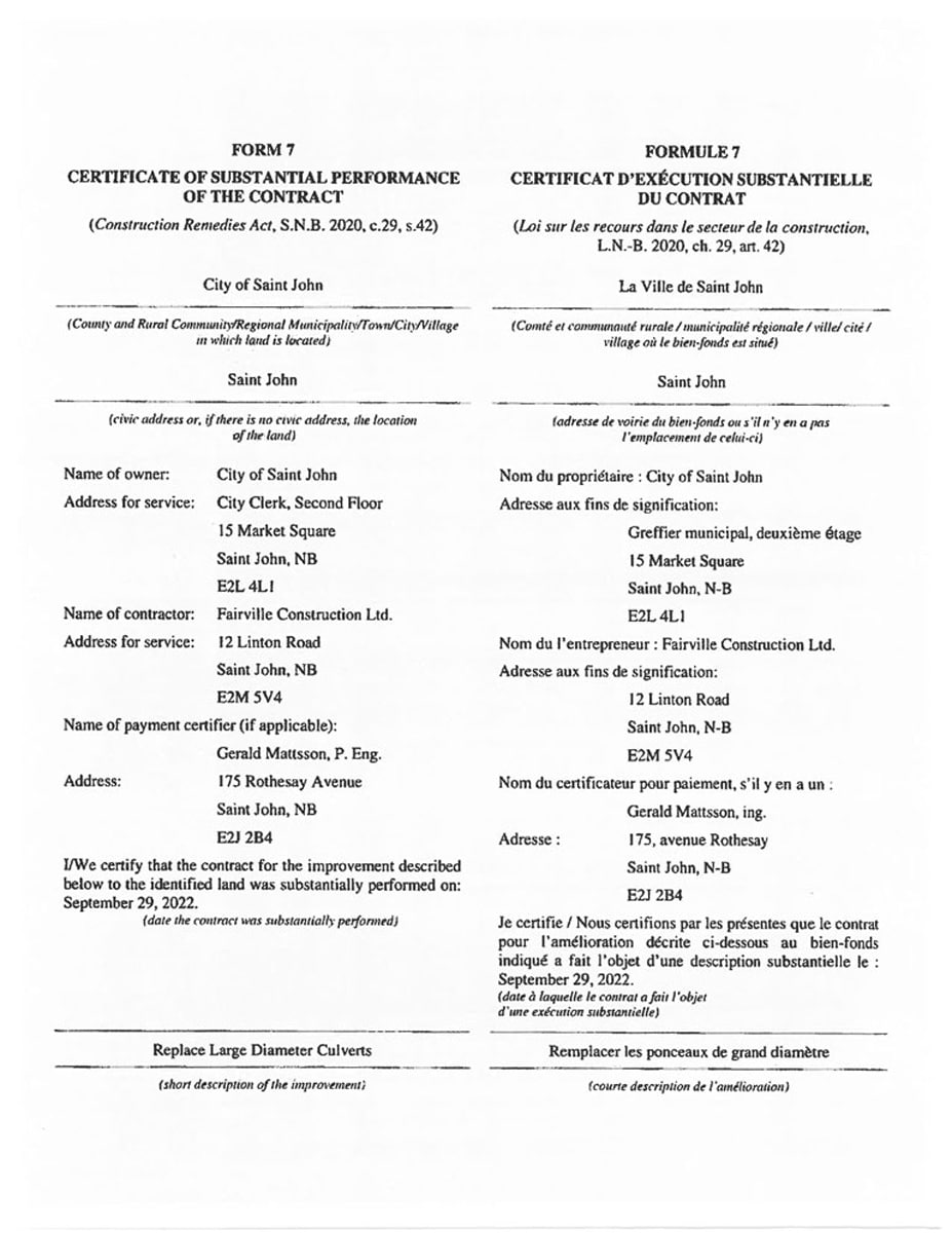 Certificate of Substantial Performance - City of Saint John