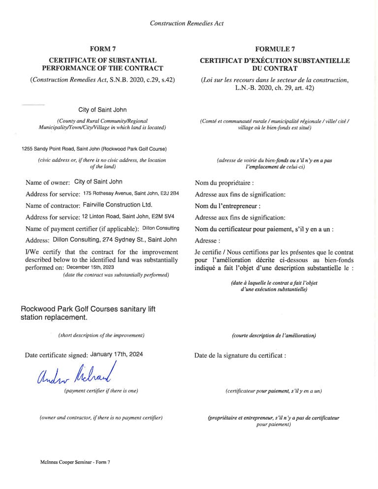 Certificate of Substantial Performance - Rockwood Park Course Lift Station Upgrade - City Of Saint John