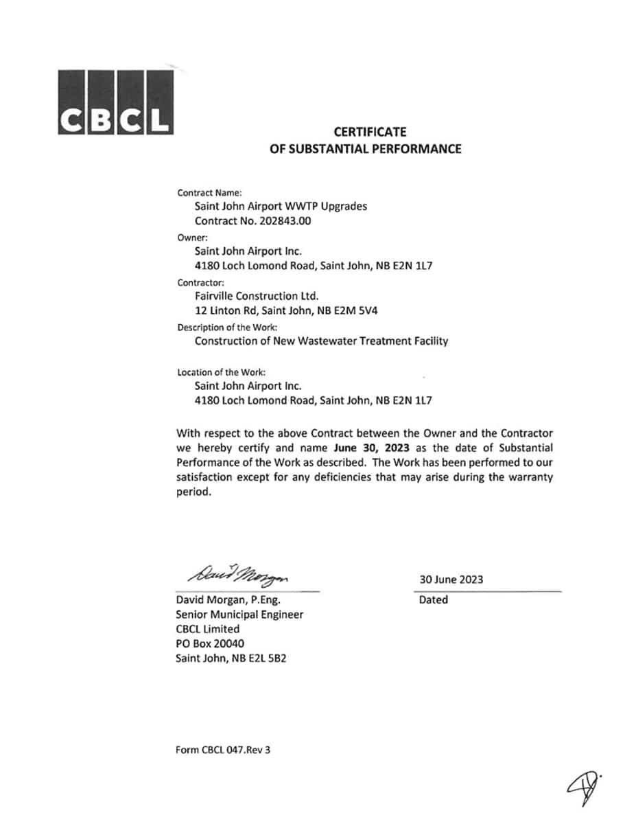Certificate of Substantial Performance - Saint John Airport