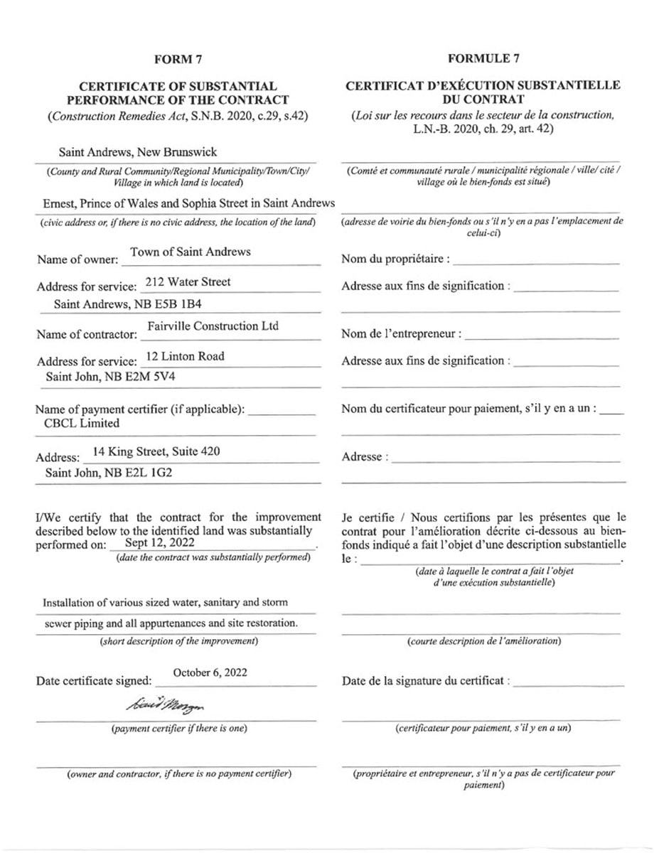 Certificate of Substantial Performance - Town of Saint Andrews