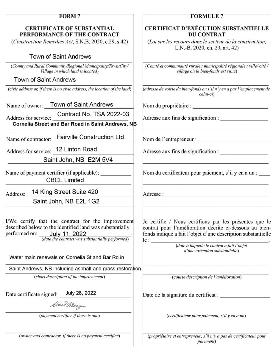 Certificate Of Substantial Performance - Town Of Saint Andrews