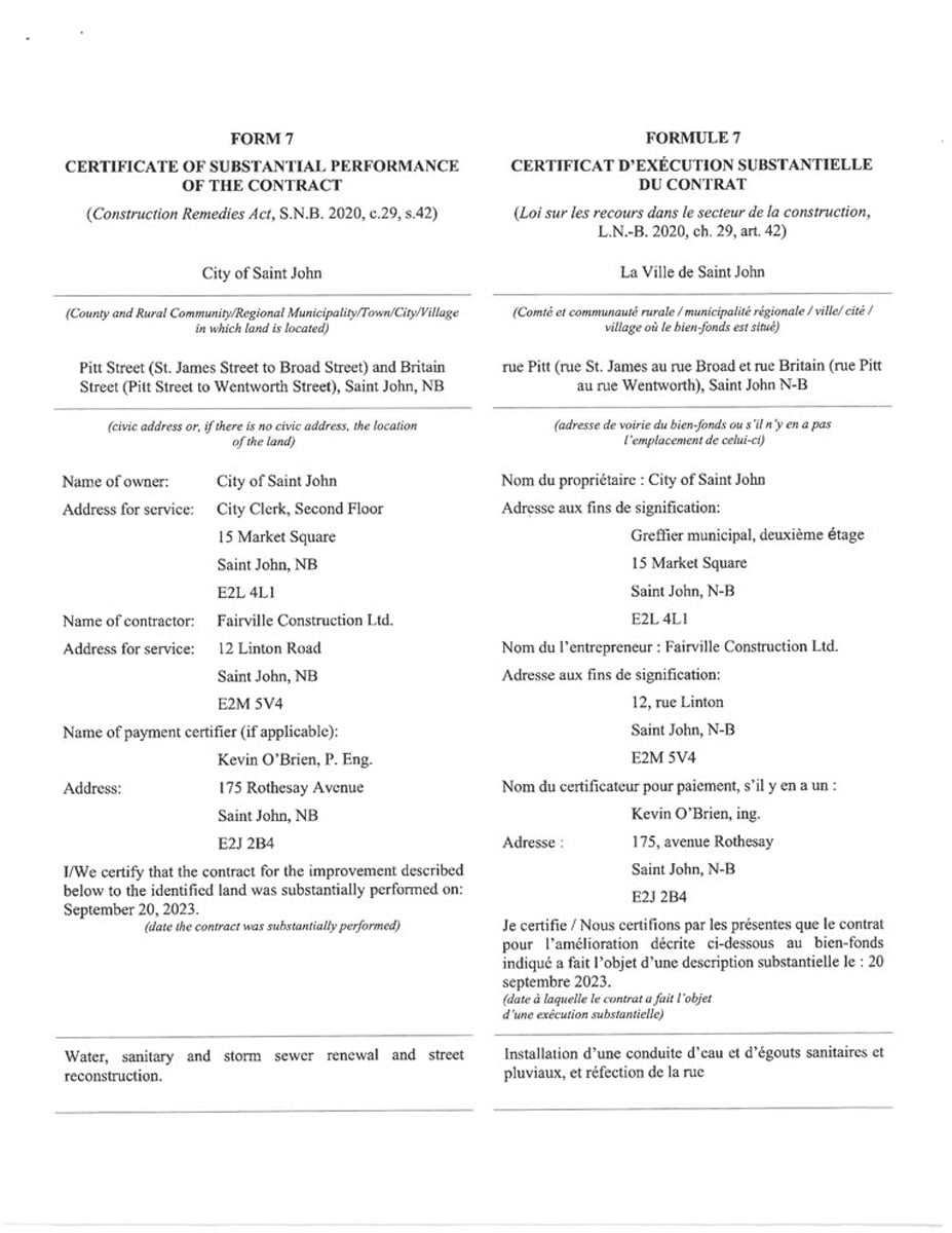 Certificate of Substantial Performance - City of Saint John