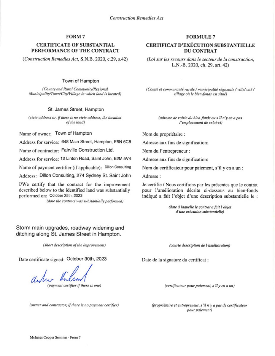 Certificate of Substantial Performance - Town of Saint Andrews
