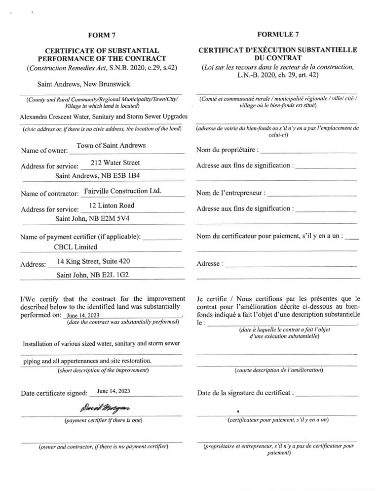 Certificate of Substantial Performance - Alexandra Crescent Water, Sanitary and Storm Sewer Upgrades - Town of Saint Andrews