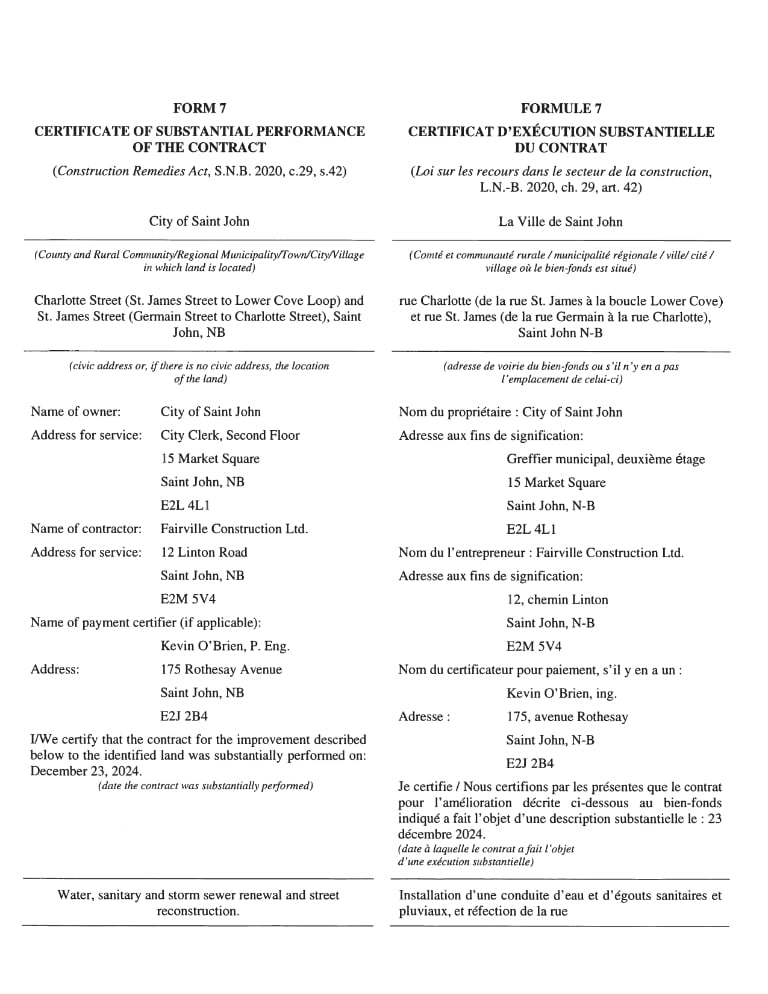 Certificate of Substantial Performance | City Of Saint John | Charlotte Street and St. James Street