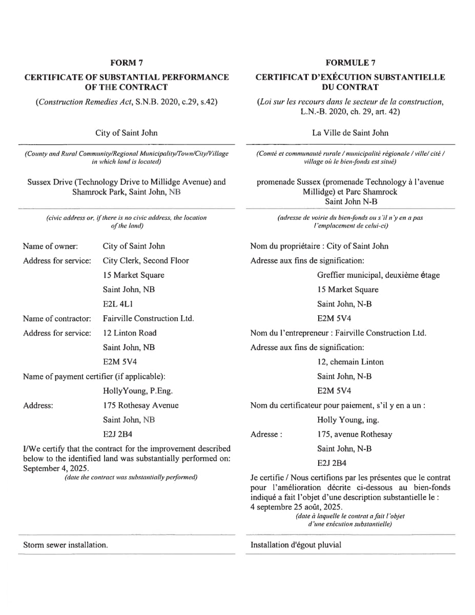 Certificate of Substantial Completion – City of Saint John | Sussex Drive and Shamrock Park
