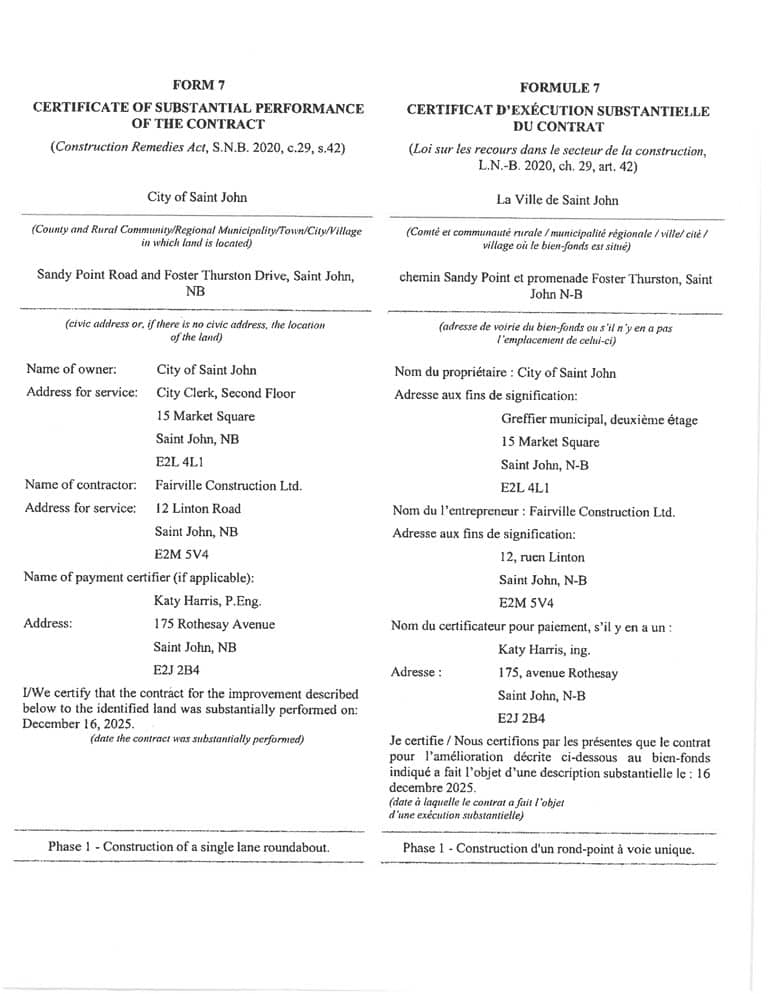 Certificate of Substantial Performance Of The Contract – City of Saint John – Sandy Point Rd. Foster Thurston Dr. Roundabout