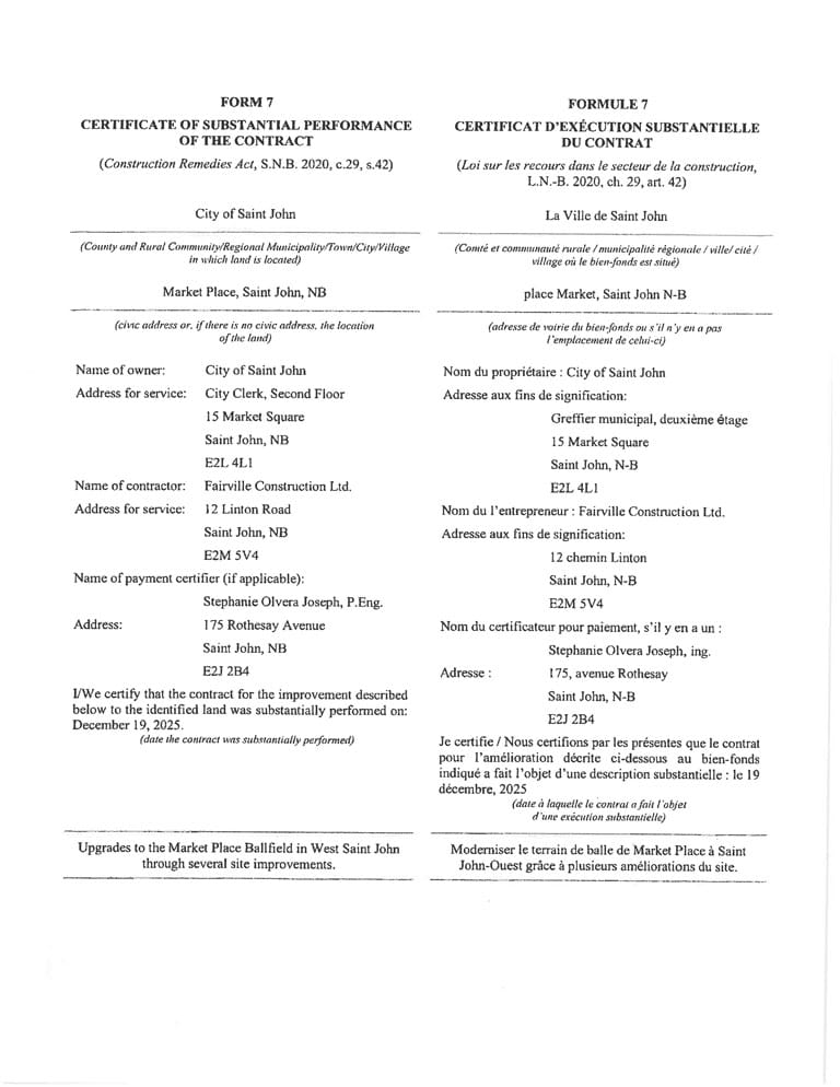 Certificate of Substantial Performance Of The Contract – City of Saint John - Market Place Ballfield Improvements