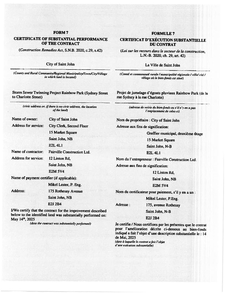 Certificate Of Substantial Performance - City Of Saint John | Storm Sewer Twinning - Rainbow Park