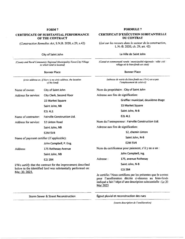 Certificate Of Substantial Performance - City Of Saint John | Bonner Place