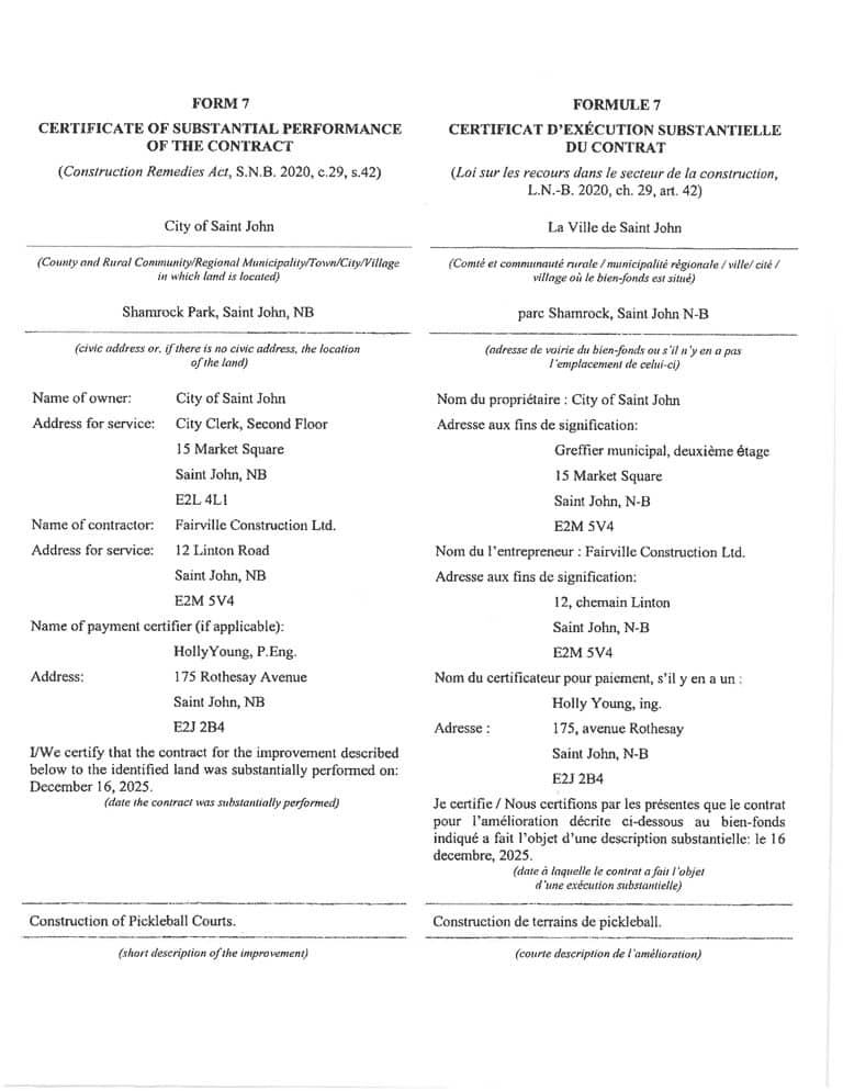 Certificate of Substantial Performance Of The Contract – City of Saint John – Shamrock Park Pickleball Court