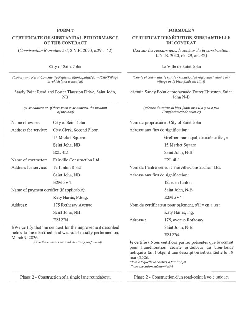 Certificate of Substantial Performance Of The Contract – City of Saint John - Sandy Point and Foster Thurston Drive